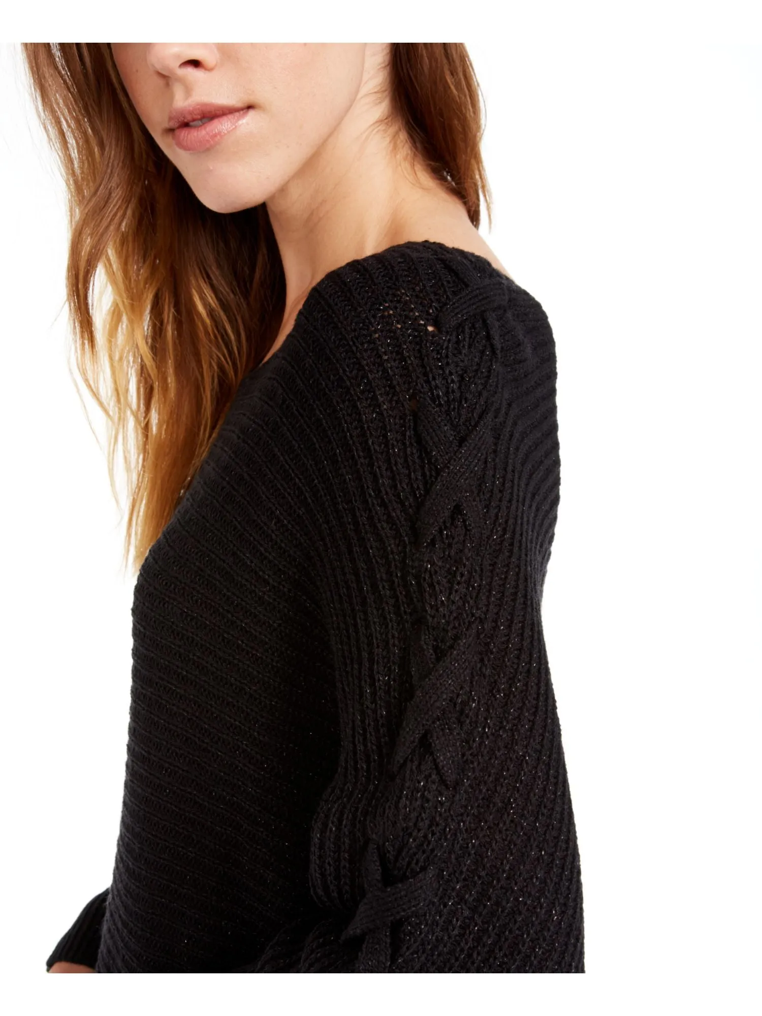 AMERICAN RAG Womens Black Ribbed Dolman Sleeve Scoop Neck Sweater