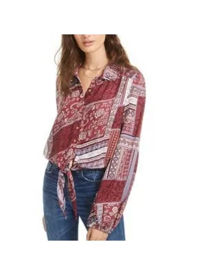 AMERICAN RAG Womens Red Printed Long Sleeve Collared Button Up Top