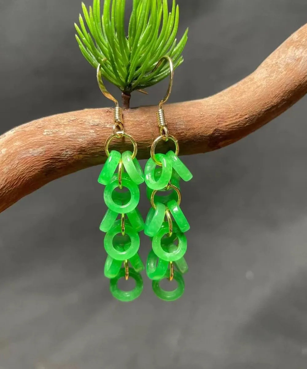 Art Green Sterling Silver Overgild Jade Tassel Drop Earrings GH1061