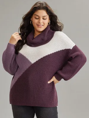 Asymmetrical Colorblock Turtle Neck Drop Shoulder Pullover