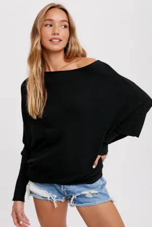 ASYMMETRICAL OPEN SHOULDER DOLMAN PULLOVER: BLACK / S/M