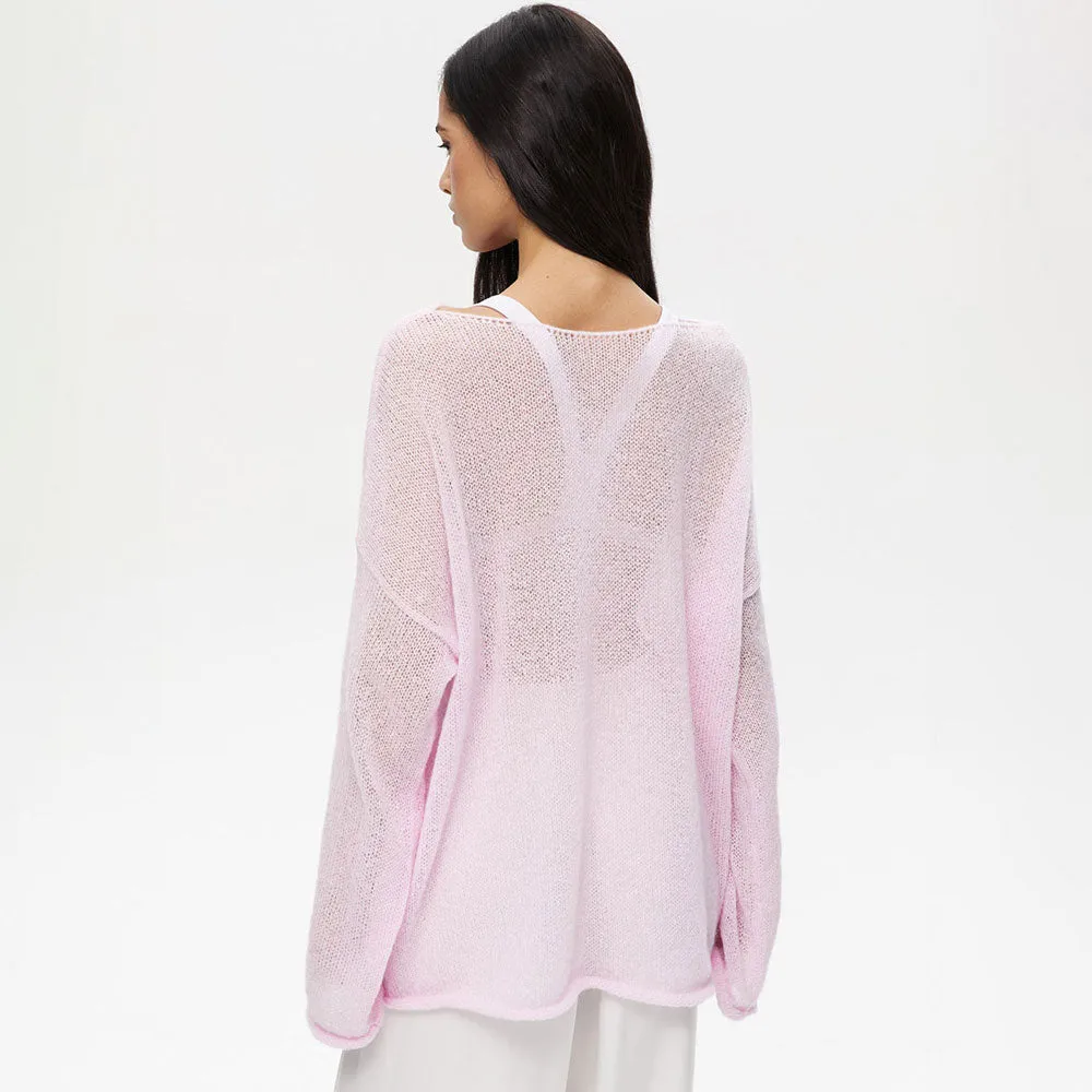 Athflow Roll Trim Crew Neck Drop Shoulder Sheer Knit Oversized Sweater