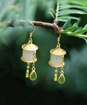 Beautiful Gold Sterling Silver Overgild Jade Tassel Drop Earrings GH1016