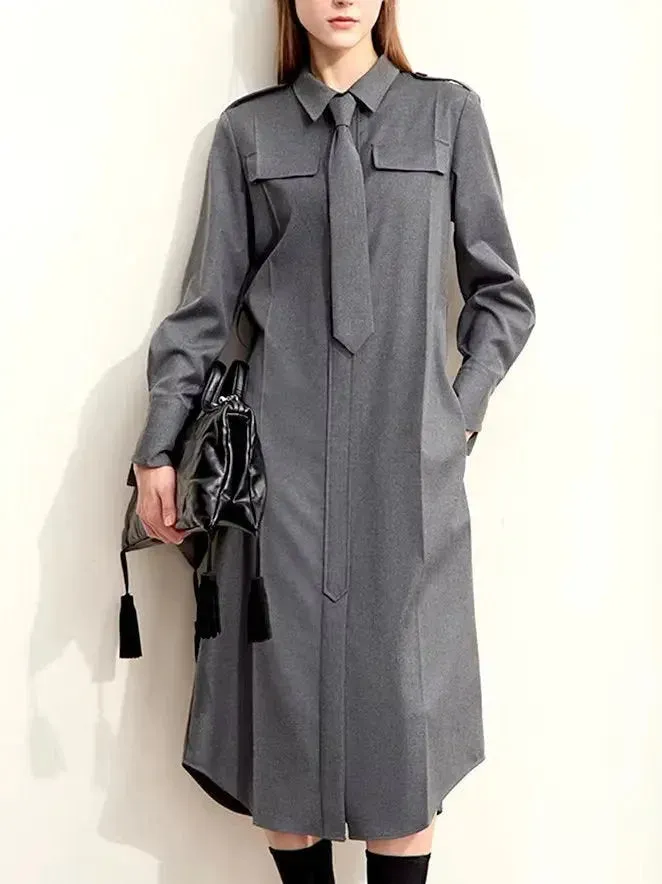 Belted Military Style Shirt Dress with Tie