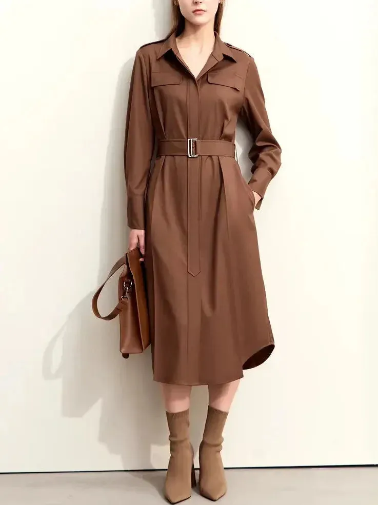 Belted Military Style Shirt Dress with Tie