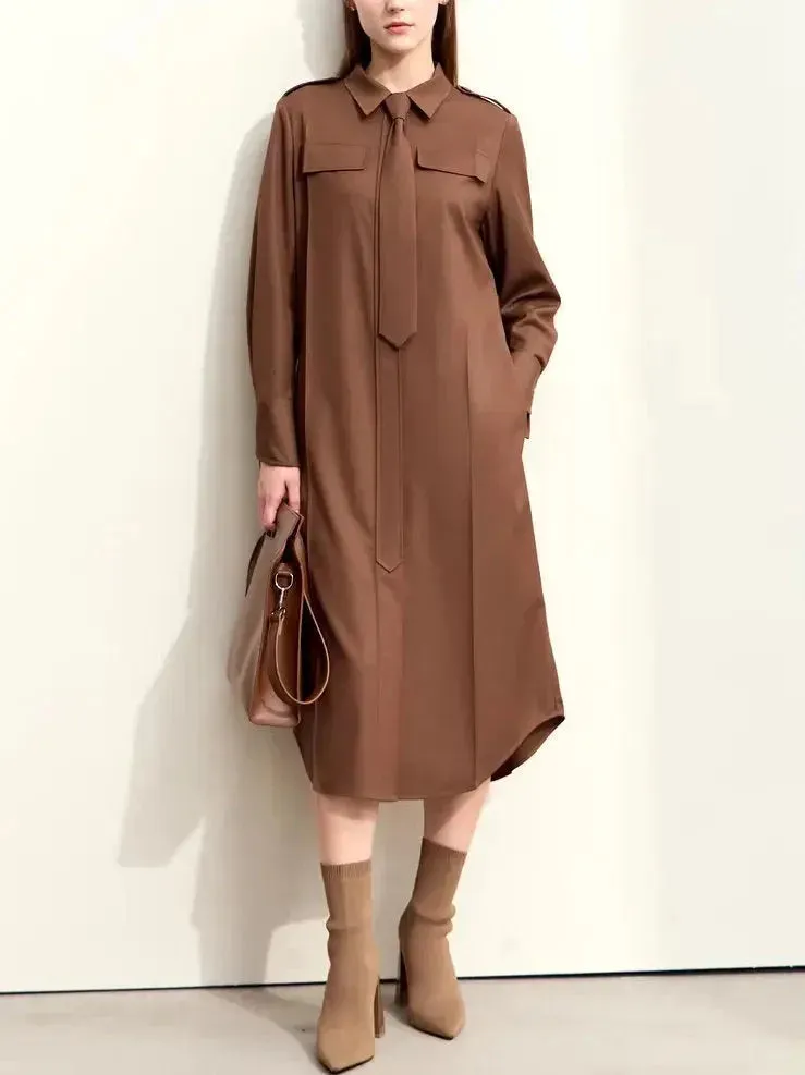 Belted Military Style Shirt Dress with Tie