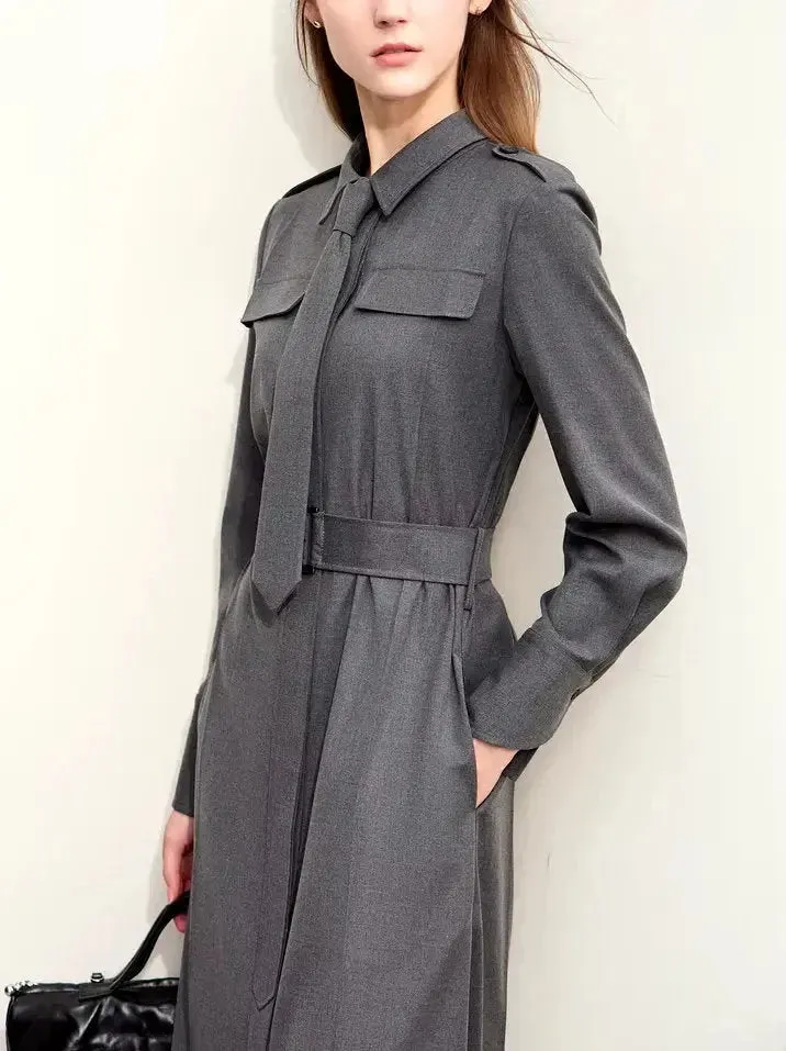 Belted Military Style Shirt Dress with Tie