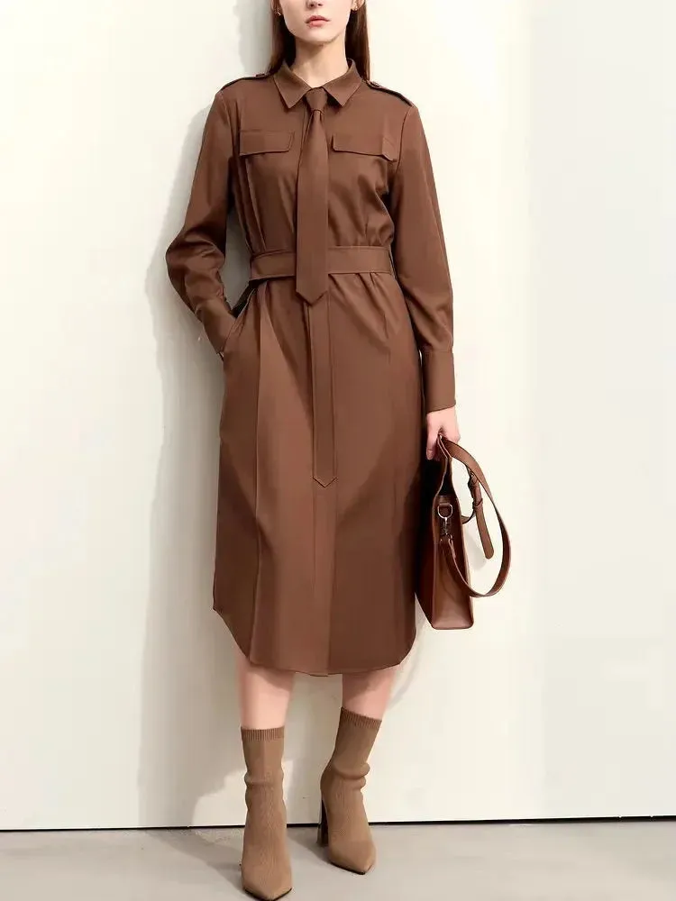 Belted Military Style Shirt Dress with Tie