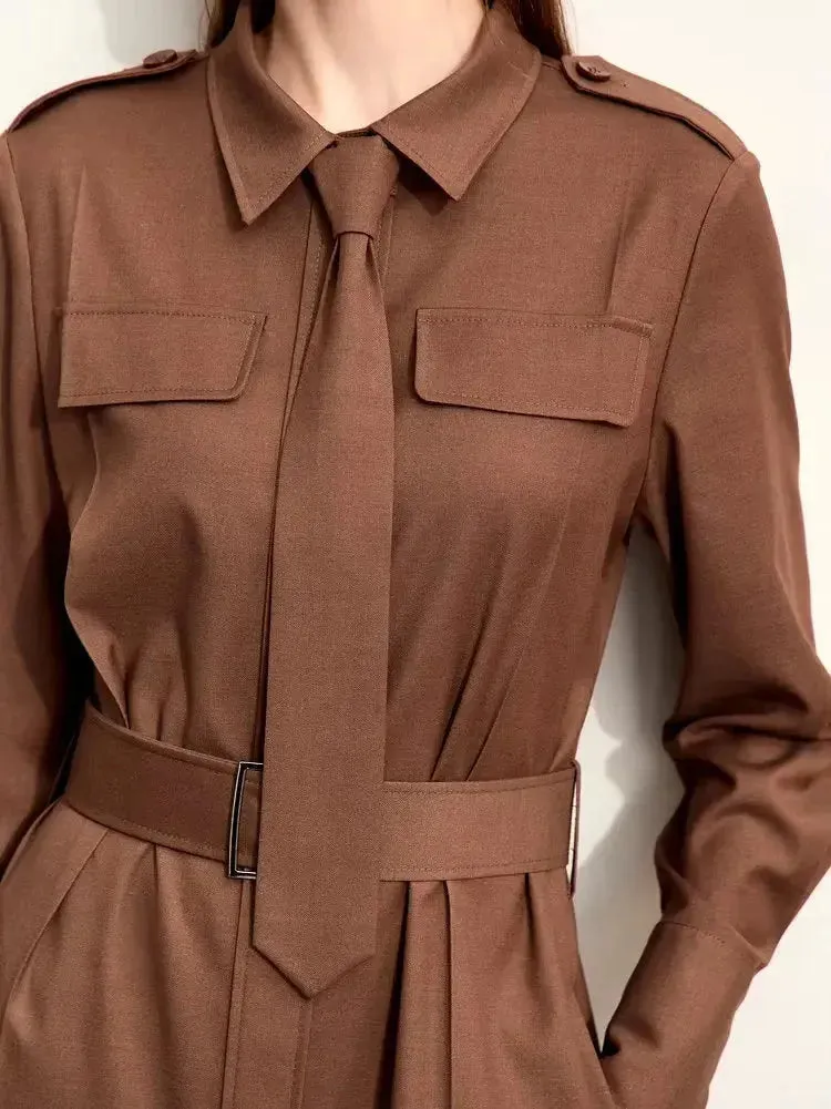 Belted Military Style Shirt Dress with Tie