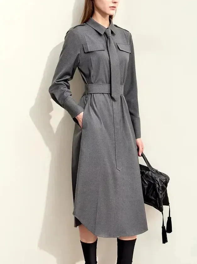 Belted Military Style Shirt Dress with Tie