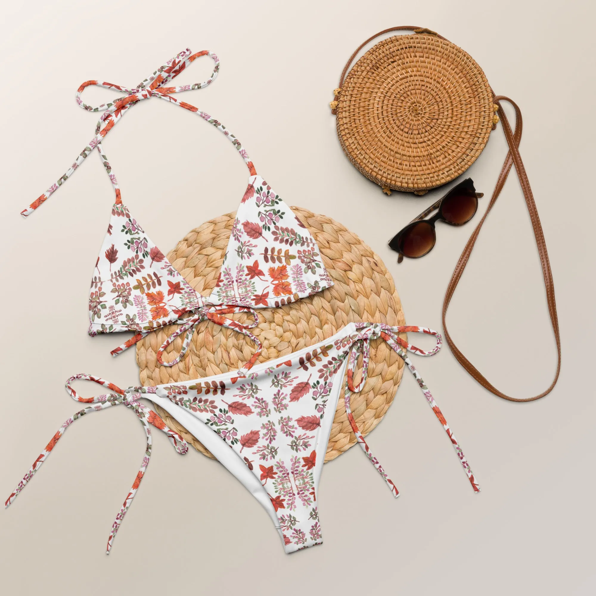 Best Fall Leaves Print Bikini, 2 pc Recycled String Bikini Set For Women - Made in USA/EU/MX  (US Size: 2XL-6XL)