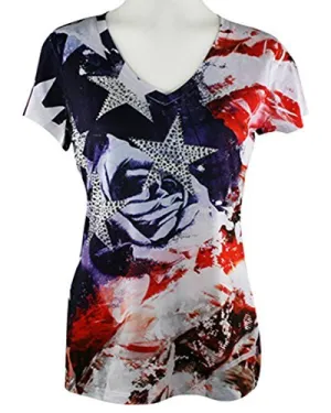 Big Bang Clothing Company - Rose Flag, Cap Sleeve, V-Neck Rhinestone Print Top