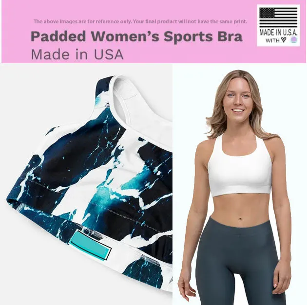 Black White Striped Sports  Bra, Vertically Striped Padded Sports Bra For Ladies-Made in USA/EU/MX