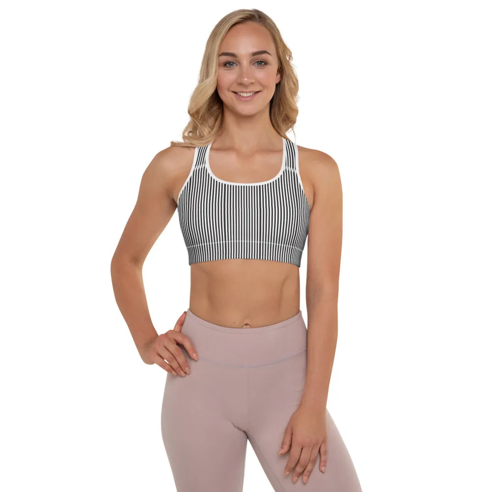 Black White Striped Sports  Bra, Vertically Striped Padded Sports Bra For Ladies-Made in USA/EU/MX