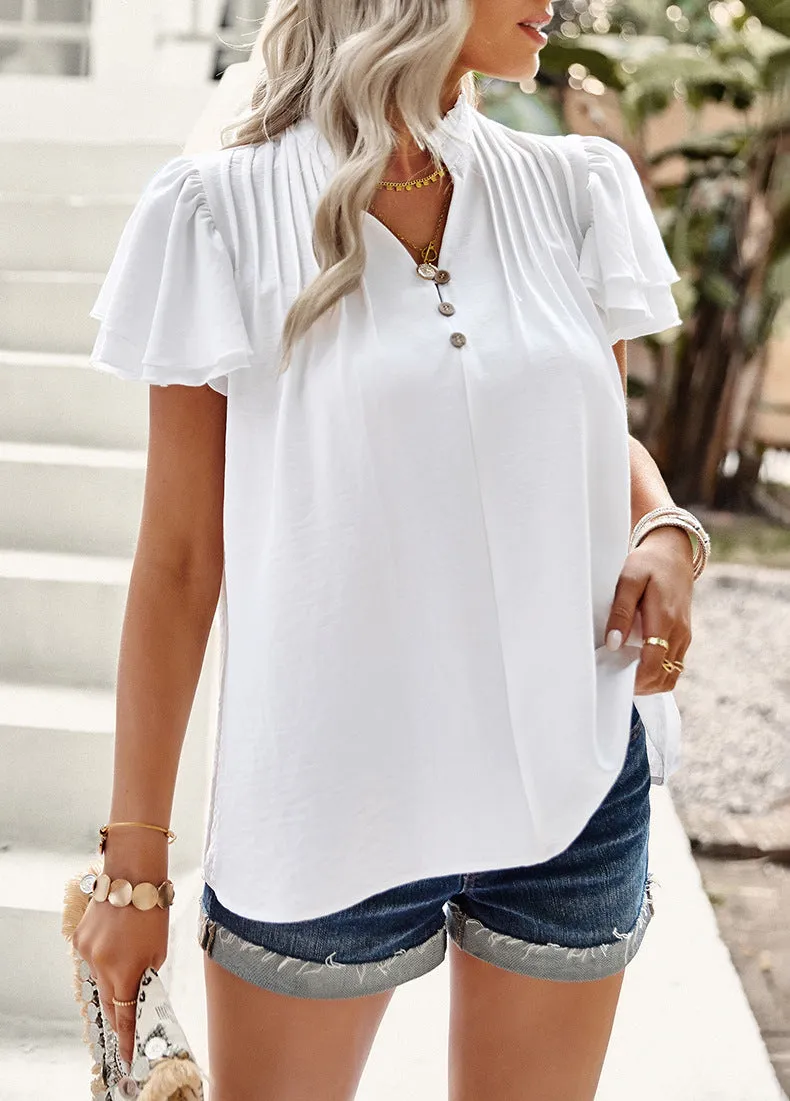 Button-Down Commuter Short-Sleeved Elegant Ruffle Blouses Wholesale Women'S Tops