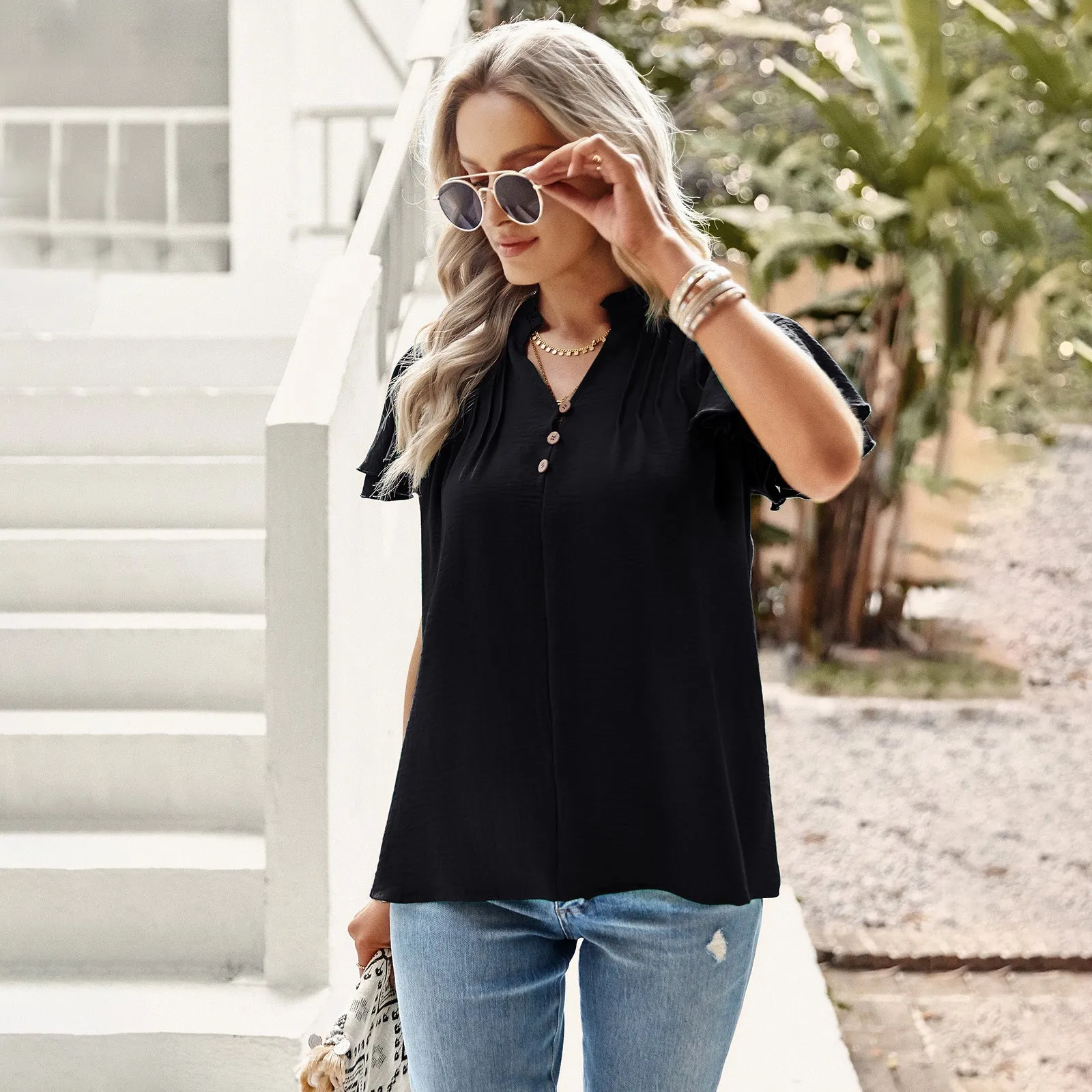 Button-Down Commuter Short-Sleeved Elegant Ruffle Blouses Wholesale Women'S Tops