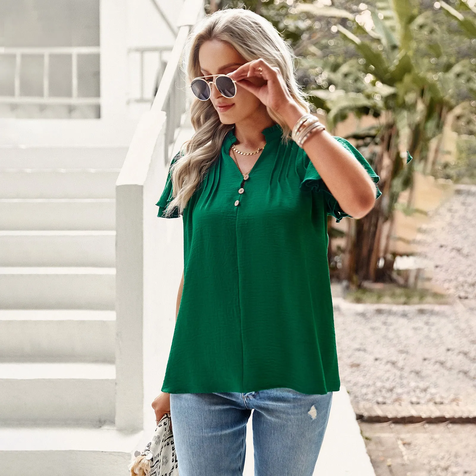 Button-Down Commuter Short-Sleeved Elegant Ruffle Blouses Wholesale Women'S Tops