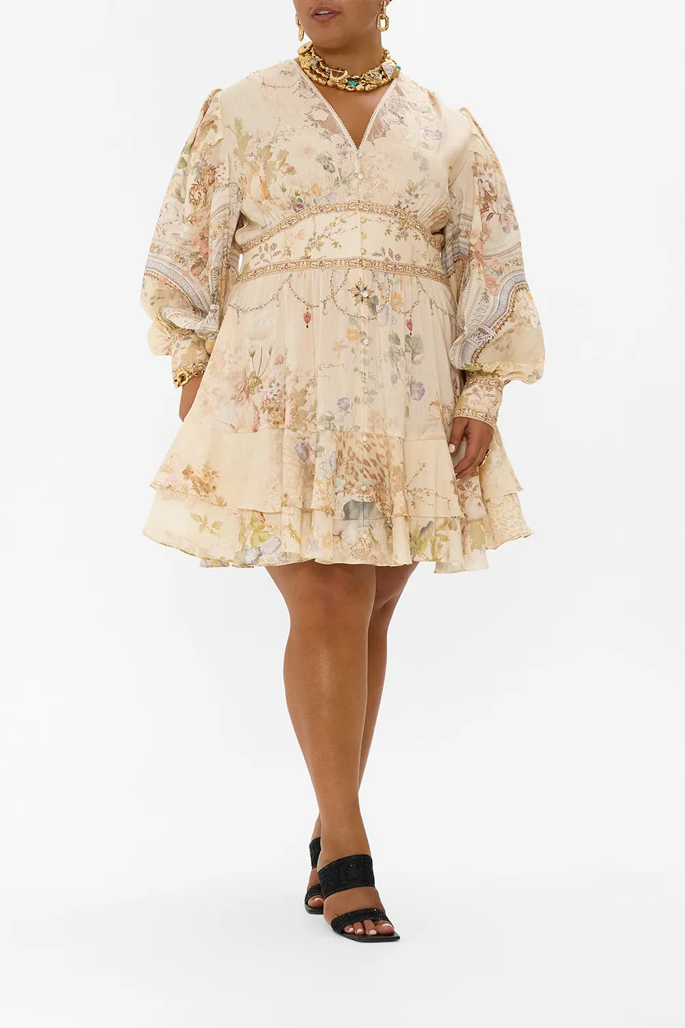 BUTTON FRONT FRILL DRESS ADORNED IN ANTIQUITY