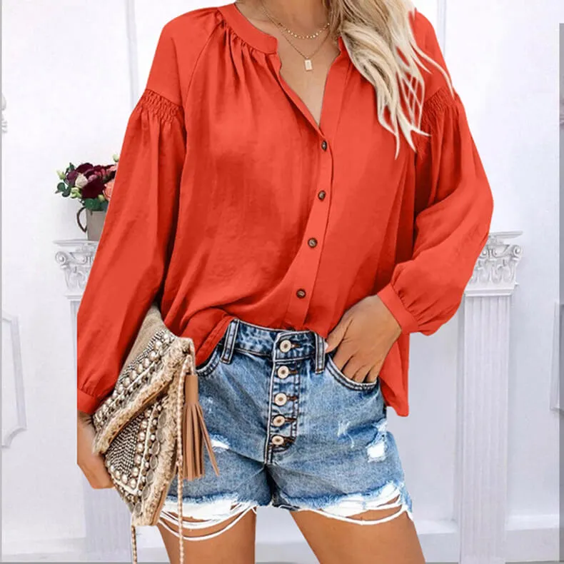 Button V-neck Blouse