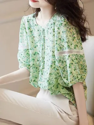 Charlotte Elegant Floral Printed Puff Sleeve Blouse