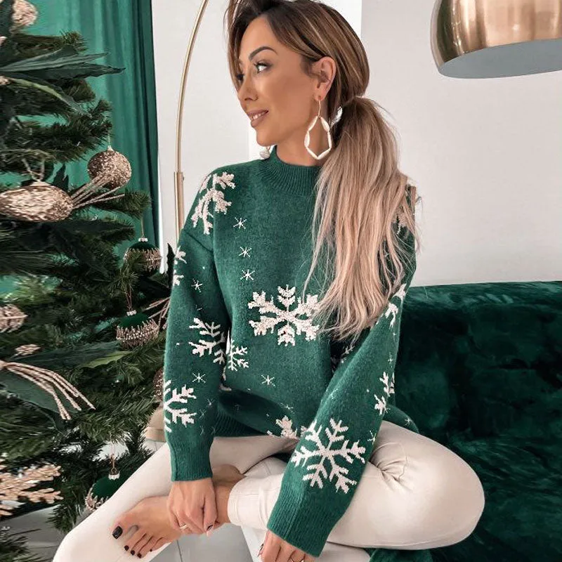 Christmas Fluffy Snowflake Print High Neck Pullover Sweater