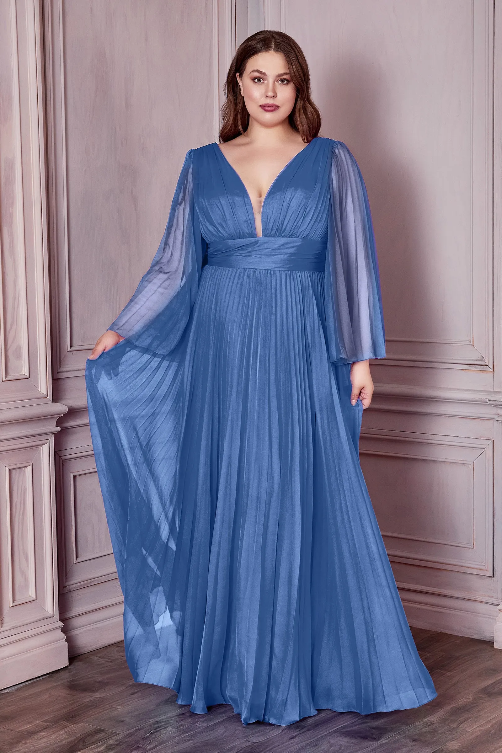 CINDERELLA DIVINE CD242C Plus Size Pleated Long Sleeve Chiffon Gown