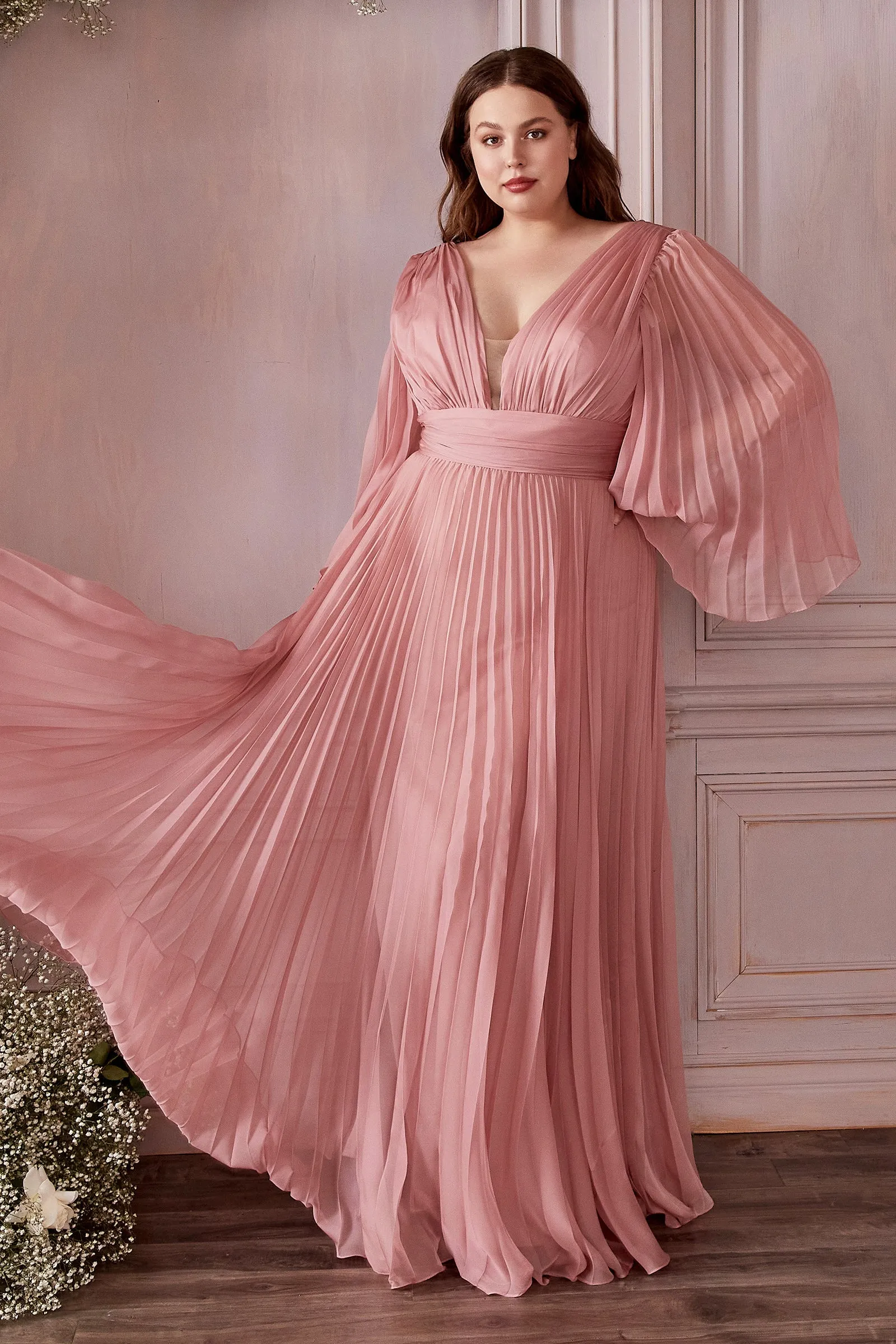 CINDERELLA DIVINE CD242C Plus Size Pleated Long Sleeve Chiffon Gown