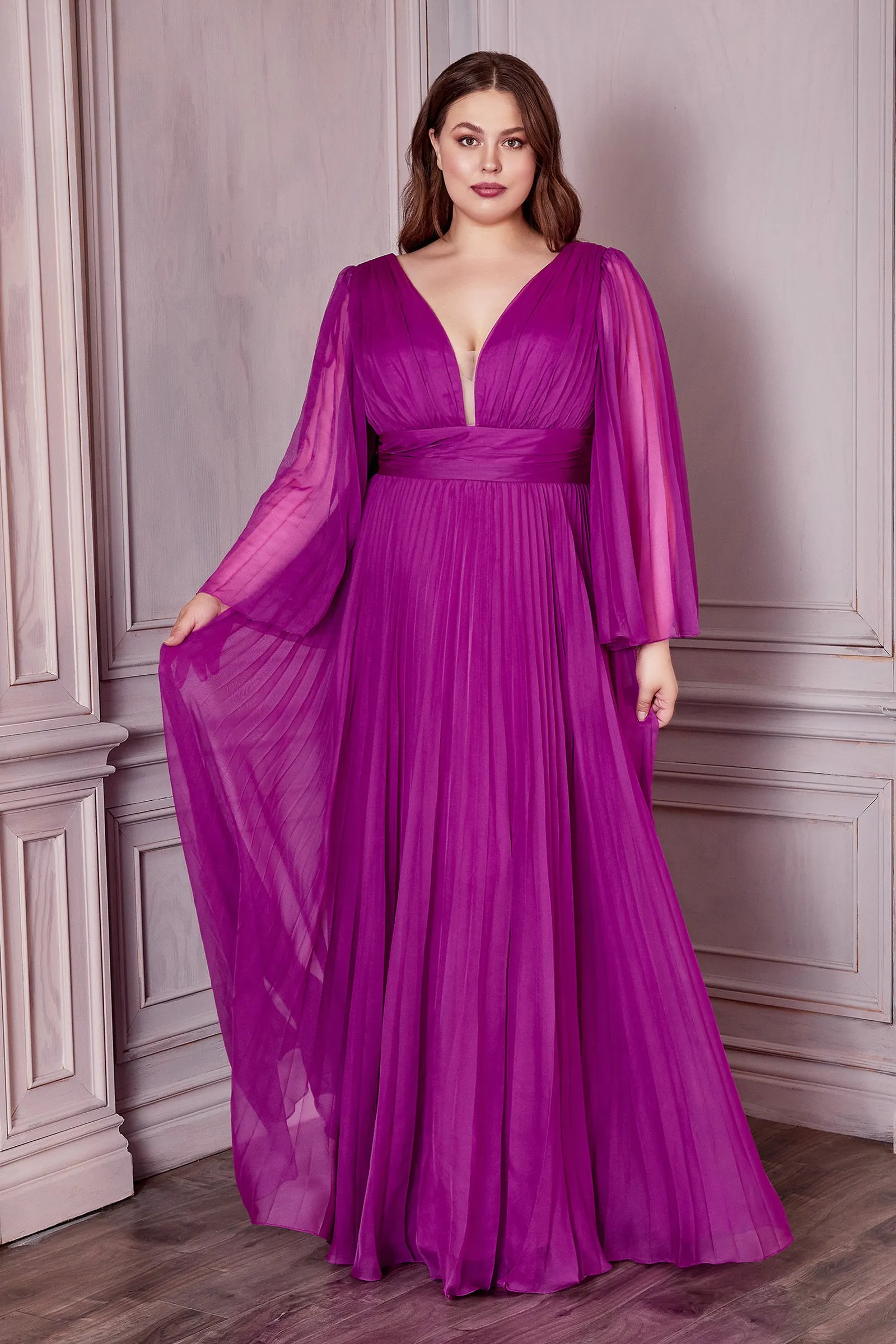 CINDERELLA DIVINE CD242C Plus Size Pleated Long Sleeve Chiffon Gown