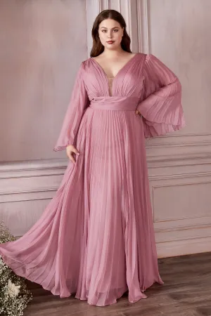 CINDERELLA DIVINE CD242C Plus Size Pleated Long Sleeve Chiffon Gown