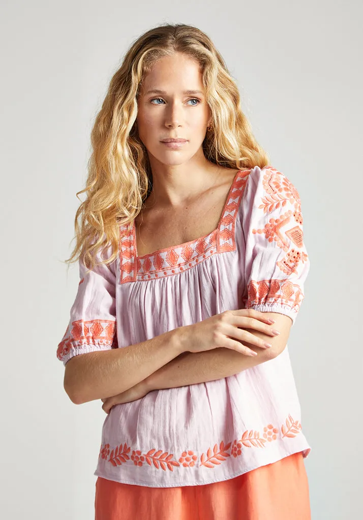 Clara Square Neck Embroidered Blouse In Pink