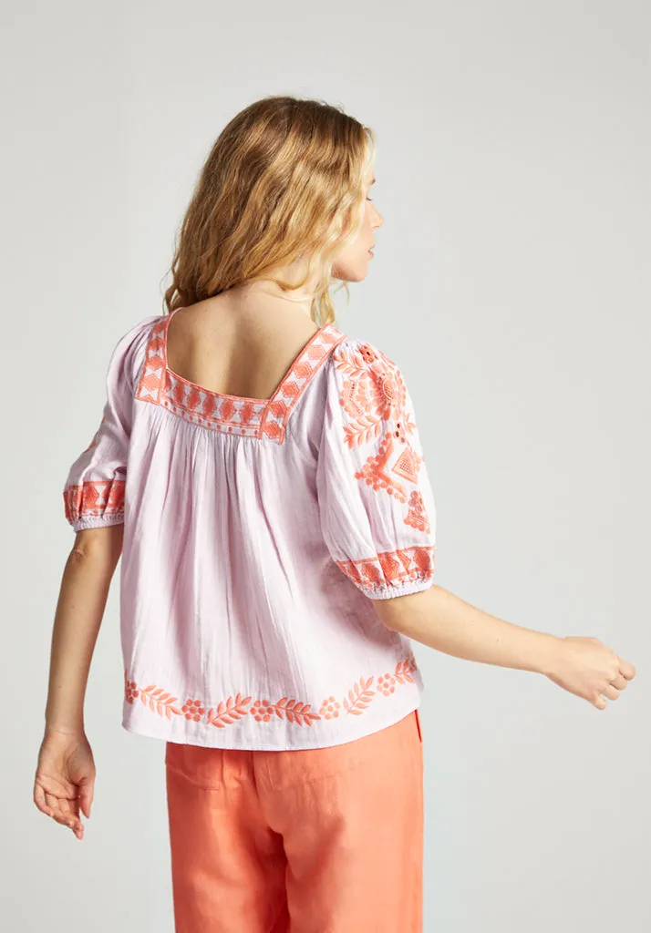 Clara Square Neck Embroidered Blouse In Pink