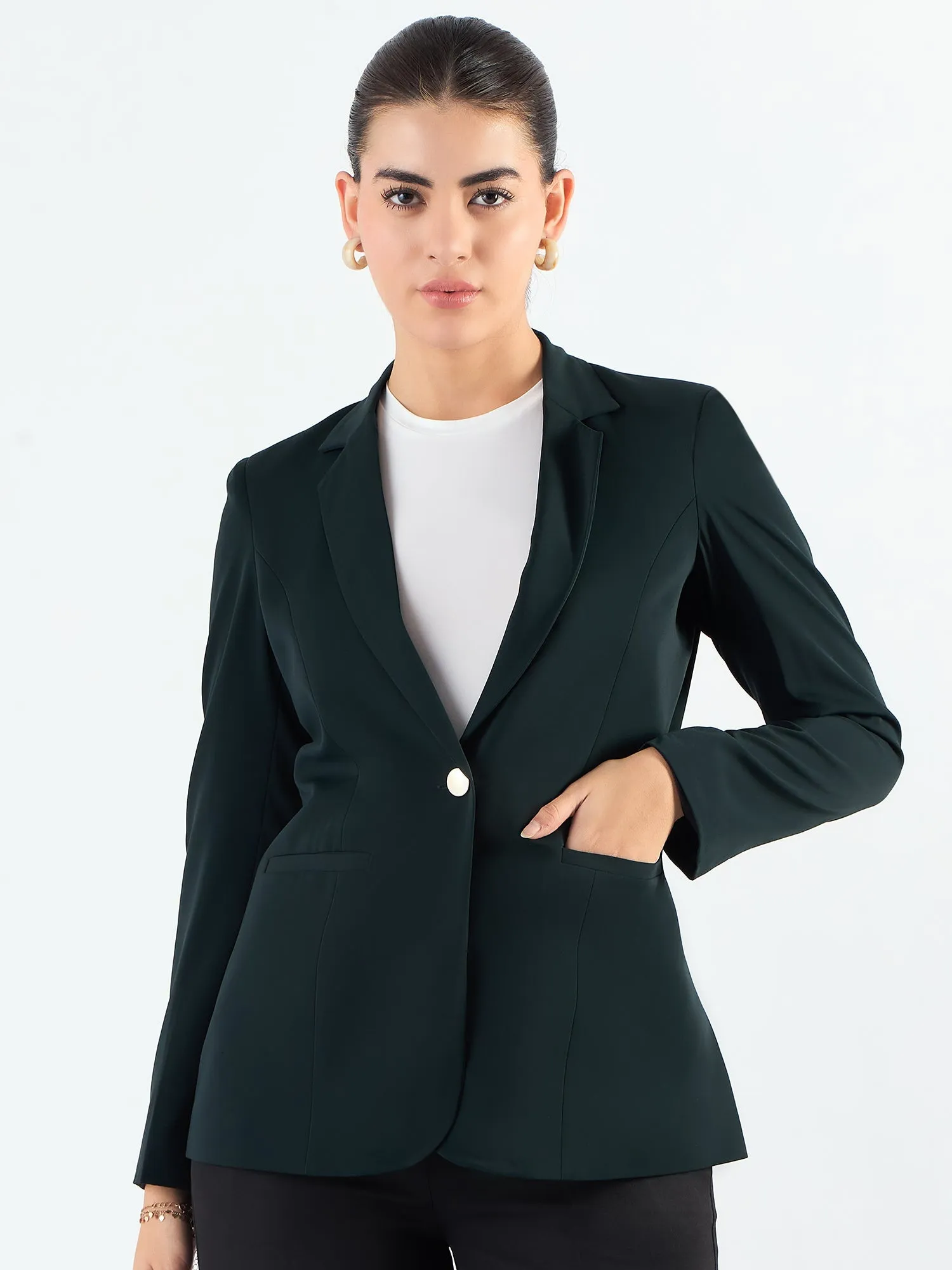 Classic Green Poly Viscose Notched Lapel Tailored Fit Blazer