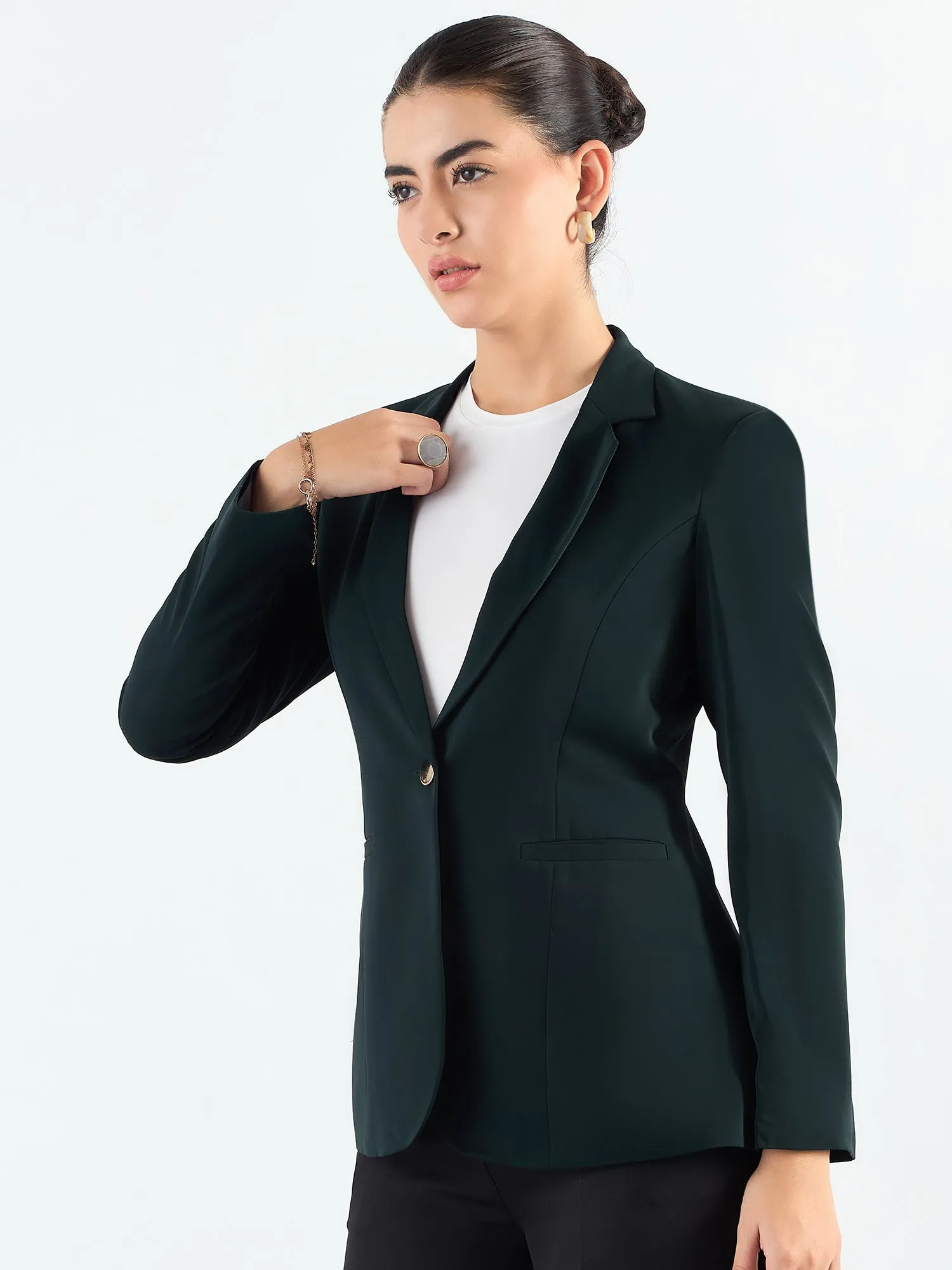 Classic Green Poly Viscose Notched Lapel Tailored Fit Blazer