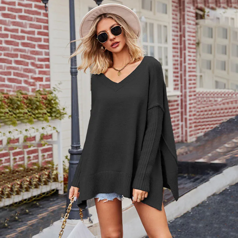 College V Neck Ribbed Knit Long Sleeve Side Slit Oversized Inside Out Sweater