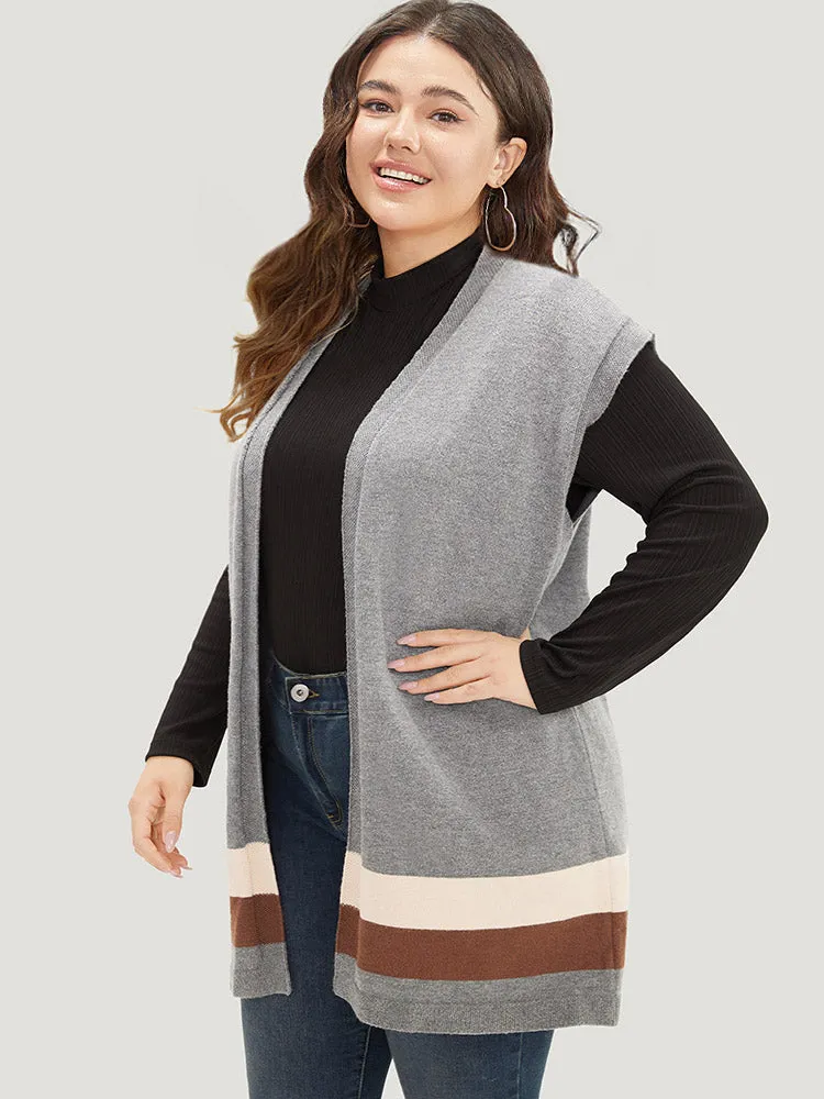 Colorblock Contrast Sleeveless Open Front Tunic Cardigan