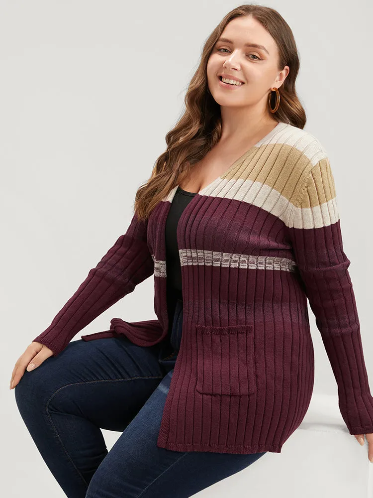 Colorblock Contrast Super Soft Rib Knit Pocket Open Front Cardigan