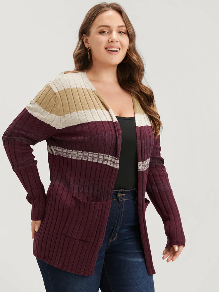 Colorblock Contrast Super Soft Rib Knit Pocket Open Front Cardigan