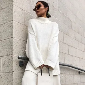 Comfy White High Neck Drop Shoulder Split Side Oversized Knit Sweater