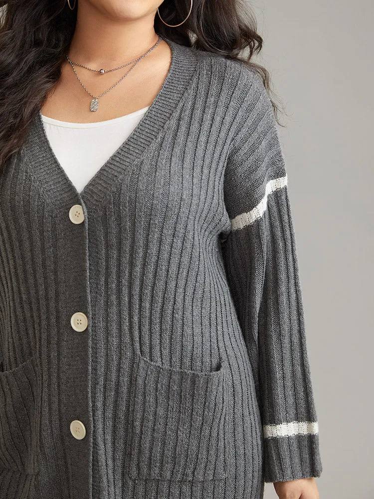 Contrast Plisse Drop Shoulder Pocket Cardigan