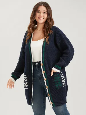 Contrast Trim Pointelle Knit Button Front Pocket Jacquard Cardigan