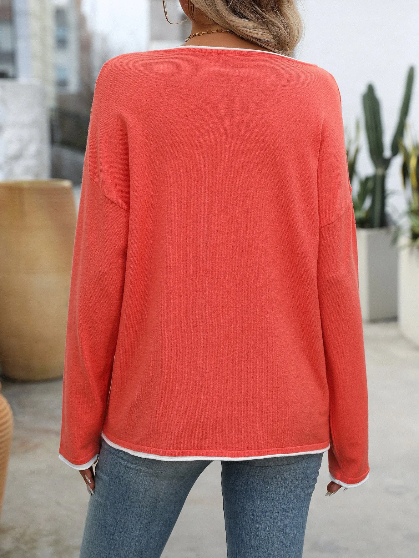 Crew Neck Jumping Color Core-spun Yarn Long-sleeved Sweater