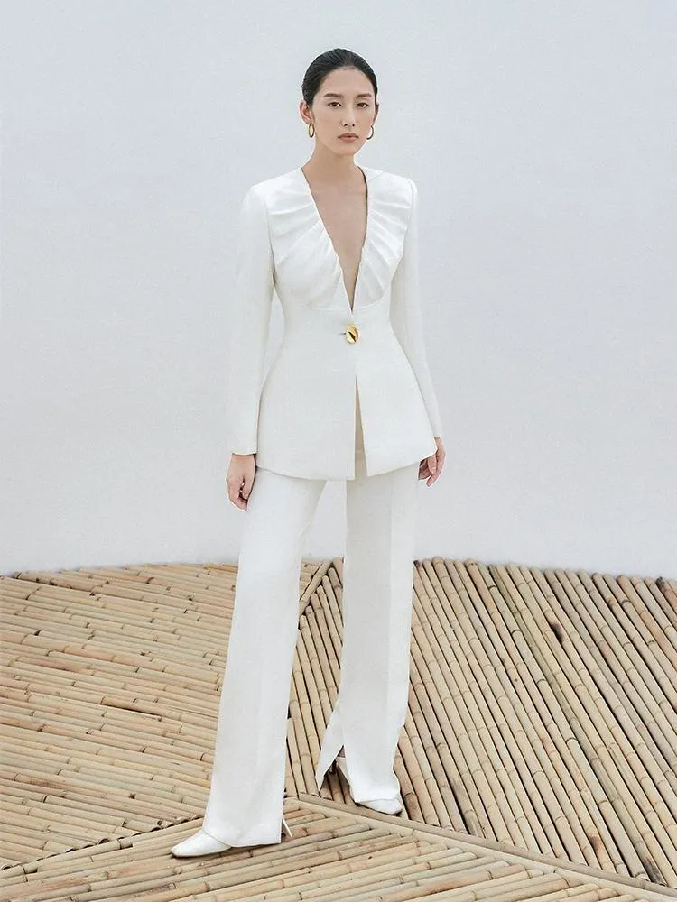 Designer tailored low V-neck buckle split long-sleeved trousers high fashion white wedding pant suit  - Kayla