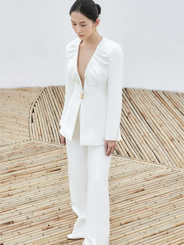 Designer tailored low V-neck buckle split long-sleeved trousers high fashion white wedding pant suit  - Kayla