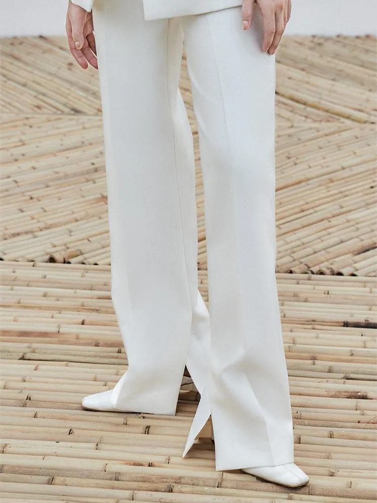 Designer tailored low V-neck buckle split long-sleeved trousers high fashion white wedding pant suit  - Kayla