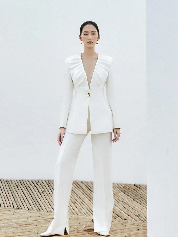 Designer tailored low V-neck buckle split long-sleeved trousers high fashion white wedding pant suit  - Kayla