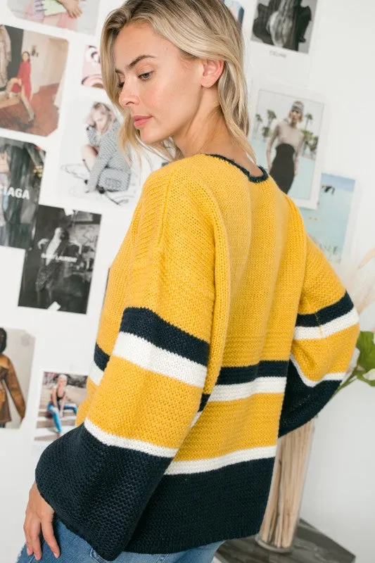 E LUNA Dark Yellow/Black Autumn Colorblock Sweater