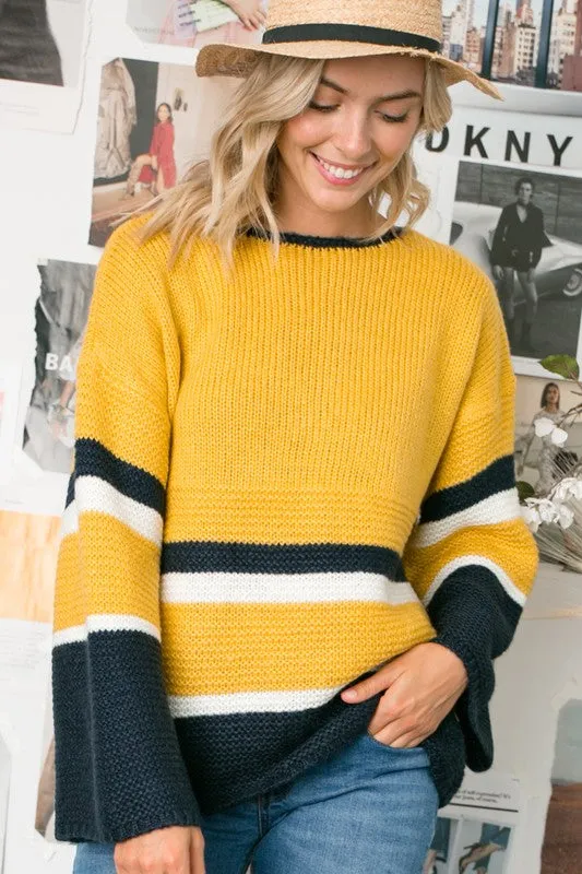 E LUNA Dark Yellow/Black Autumn Colorblock Sweater