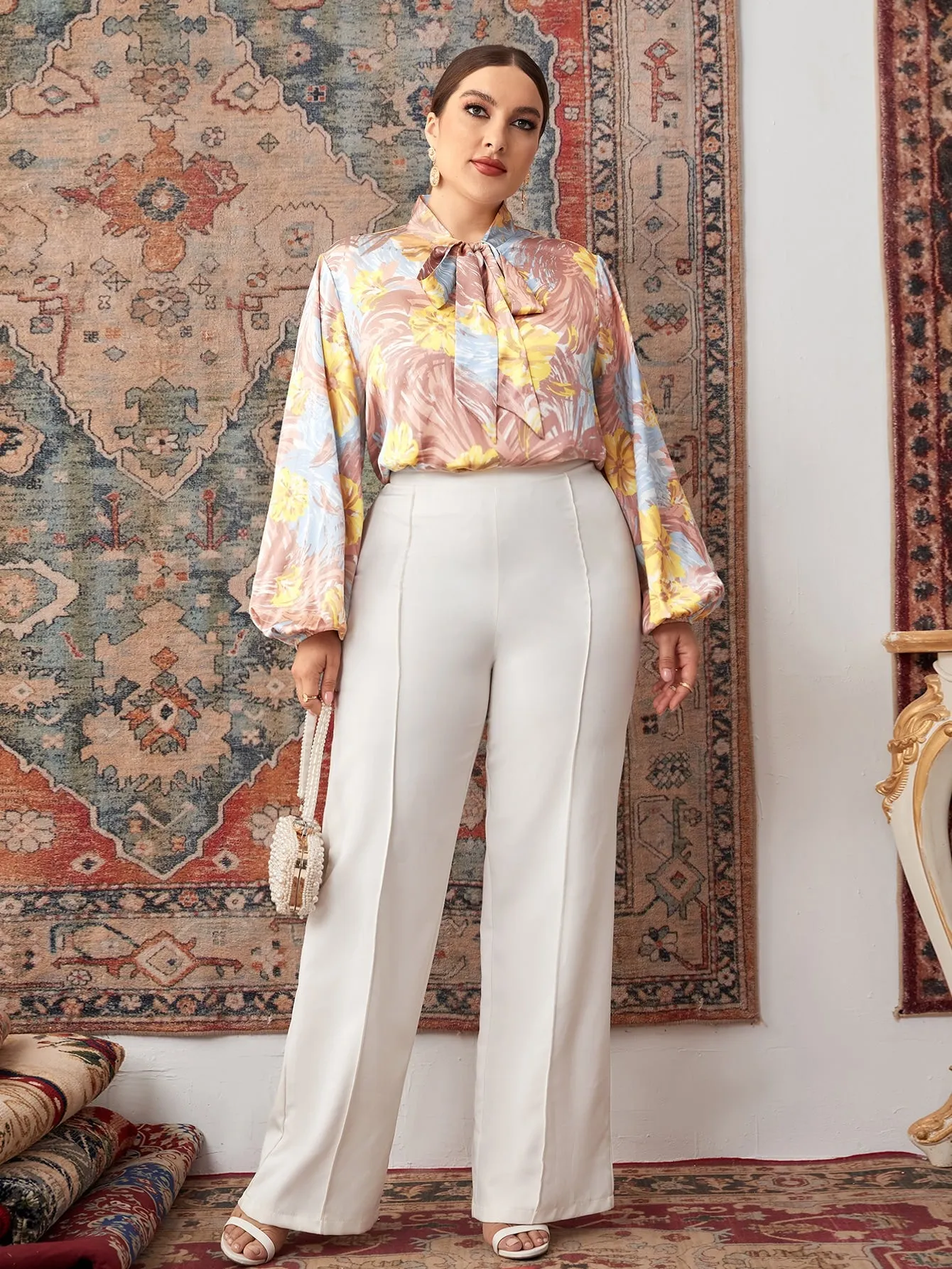 Elegant Floral Tie Front Long Sleeve Tie Neck Regular Plus Size Blouse