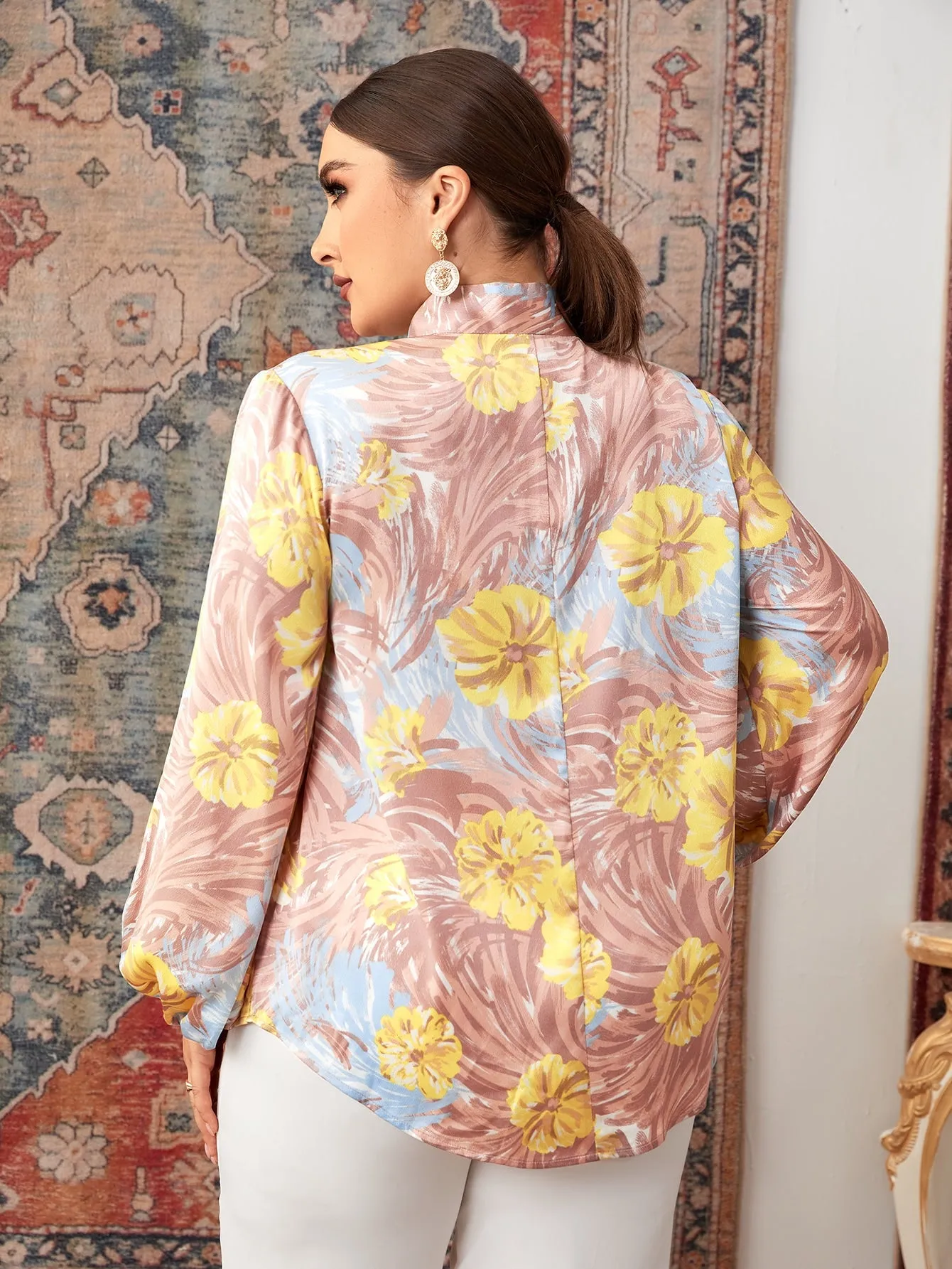 Elegant Floral Tie Front Long Sleeve Tie Neck Regular Plus Size Blouse