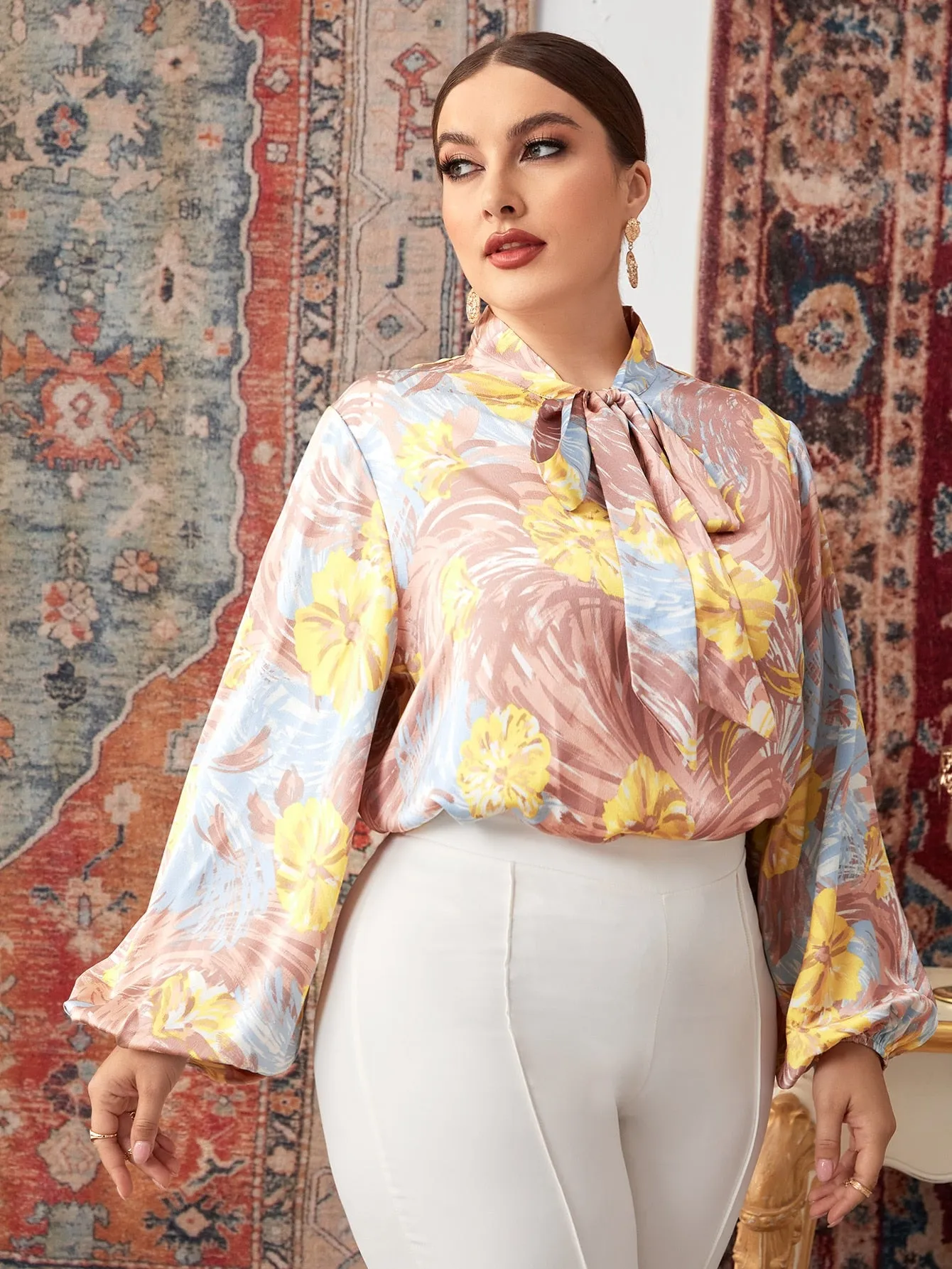 Elegant Floral Tie Front Long Sleeve Tie Neck Regular Plus Size Blouse